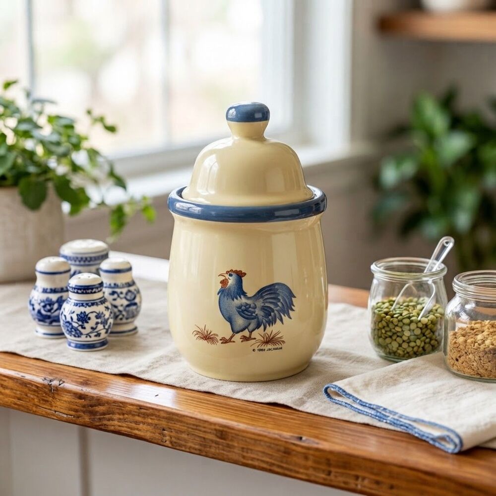 VTG 1983 JaCaman Canister – Blue Rooster Farmhouse Stoneware -